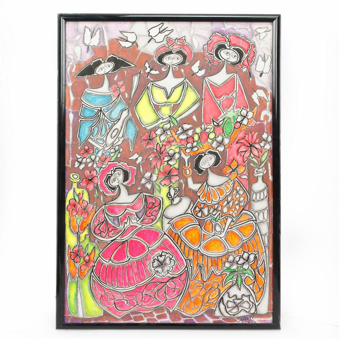 DOUBLE SIDED TRADITIONAL DRESS LADIES OF CUBA BY JOSE: Mixed multi media print, marker, pencil, and paint. Print size 37"H x 25"W. Artist: Jose Marti Issued: 20th c. Dimensions: 37"H x 25"W Provenance: David Farin Collection