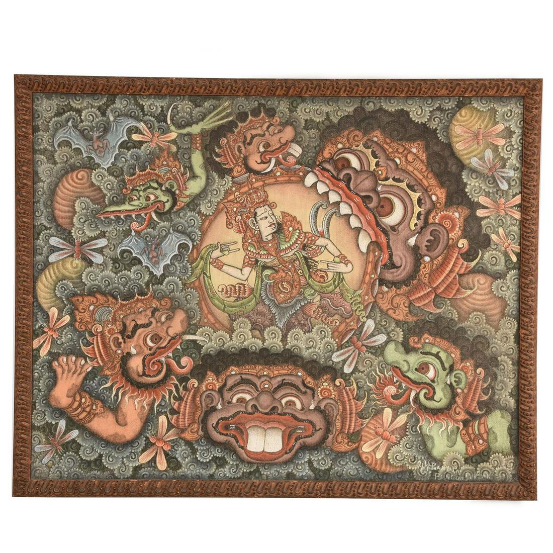 FRAMED MODERNIST ABSTRACT ALLEGORICAL SILKSCREEN: Near and Far Eastern motifs, rakshashas, Buddha, Jimi Hendrix. Signed. Issued: c. 1990 Dimensions: 18.5"H x 23"W, framed Country of Origin: United States