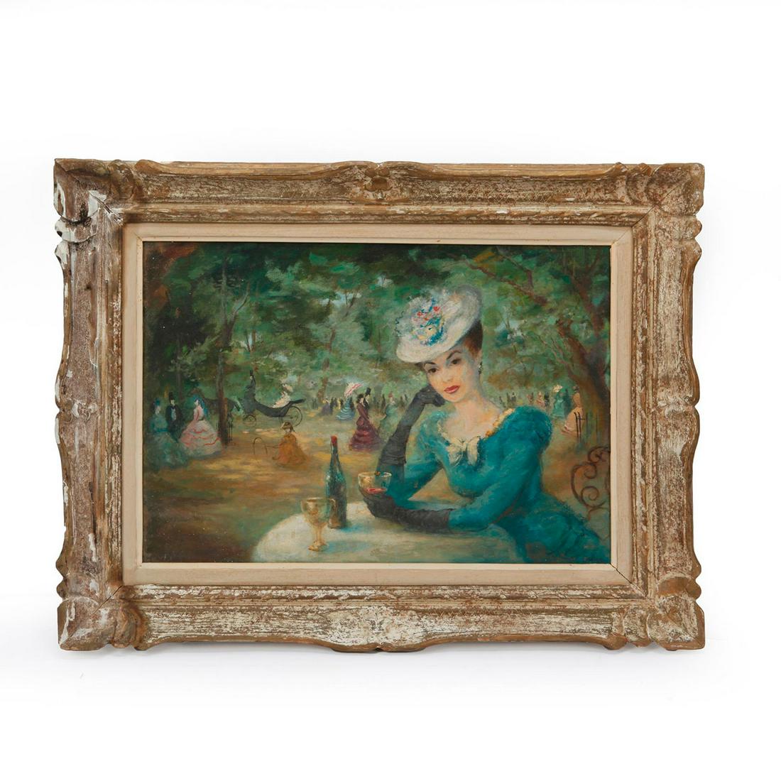 IMPRESSIONIST STYLE PAINTING OF A WOMAN DRINKING WINE: A Renoir style painting of a Woman enjoying wine at a park signed Addison to the right corner. In vintage frame. Artist: Addison Issued: 1950s Dimensions: 21" x 28" Provenance: David Farin Collection