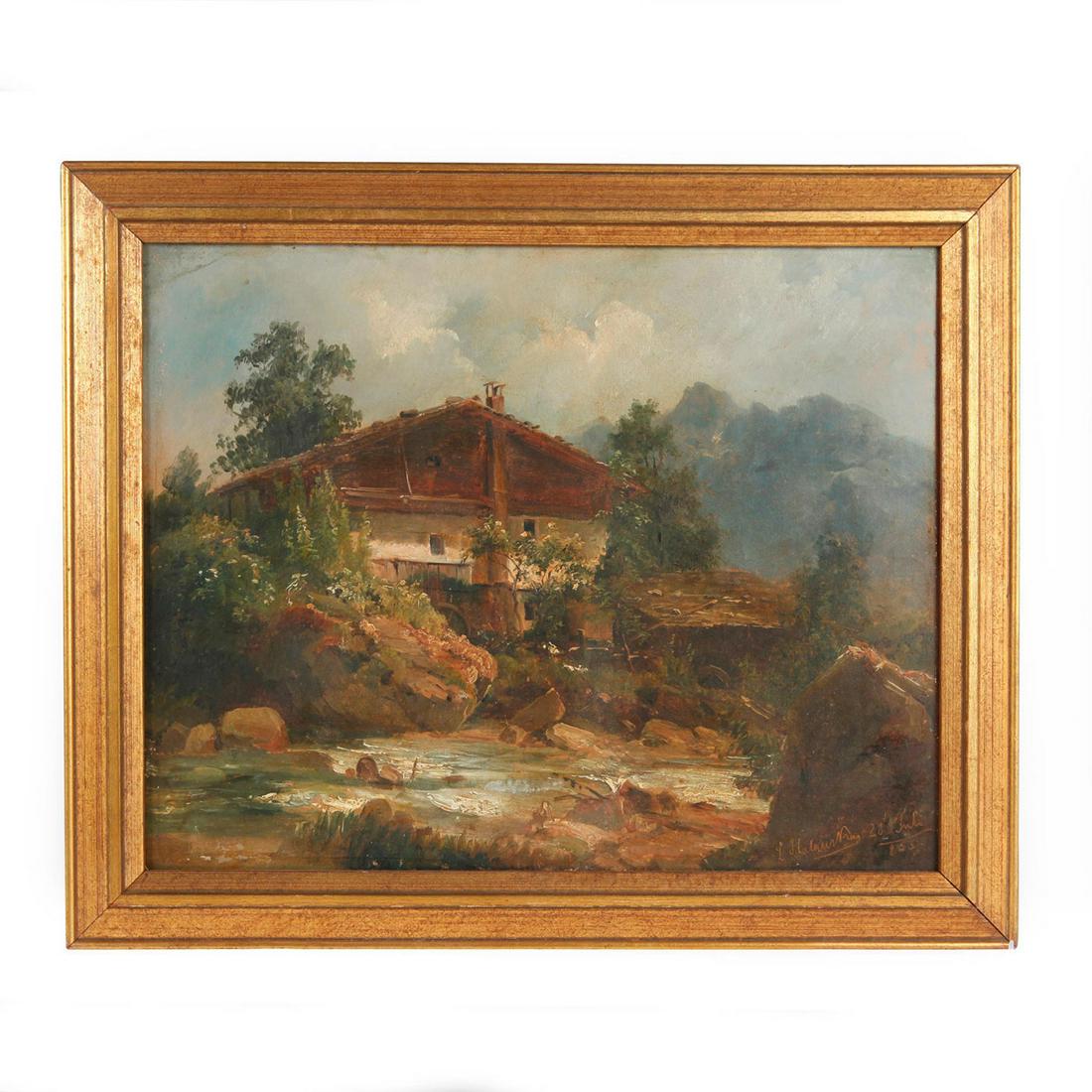 VINTAGE OIL PAINTING, HOUSE NEXT TO BROOK: Idyllic painting of cozy home next to a babbling brook. Signed with gilt frame. Issued: 20th c. Dimensions: 15"L x 18"W Provenance: David Farin Collection