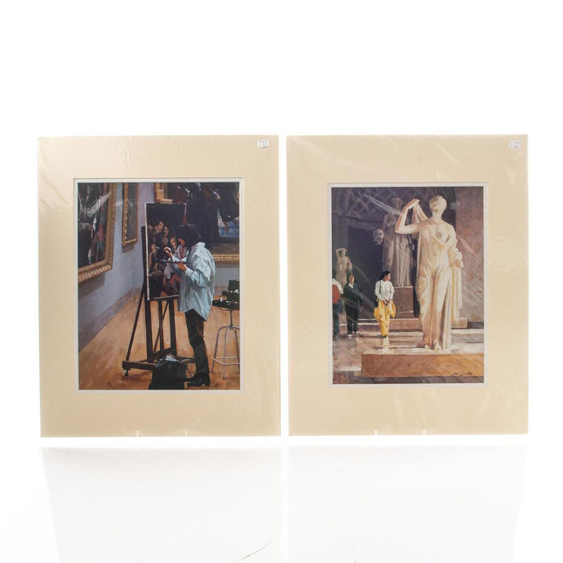 TWO PRINTS OF PAINTINGS BY JON SMITH, MUSEUM SCENES: Two prints of people enjoying the ambience of museums. An artist paints in a museum gallery and ladies walk by a large sculptures. Both are numbered and signed. Artist: Jon Smith Issued: 20th c. Dimen