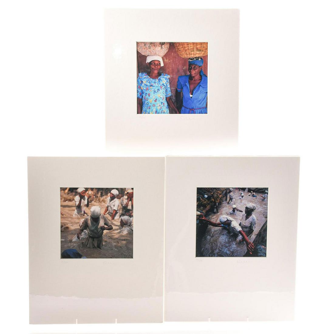 3 EMERSON MATABELE LTD PHOTOGRAPHY PRINTS, HAITI: Quoted art. White matte. Artist signed to right lower corner. Titled WADE IN THE WATER HAITI, UPLIFTED HAITI, GIRL LEMME TELL YA! HAITI. Artist: Emerson Matabele Issued: 20th c. Dimensions: 14"H x 11"