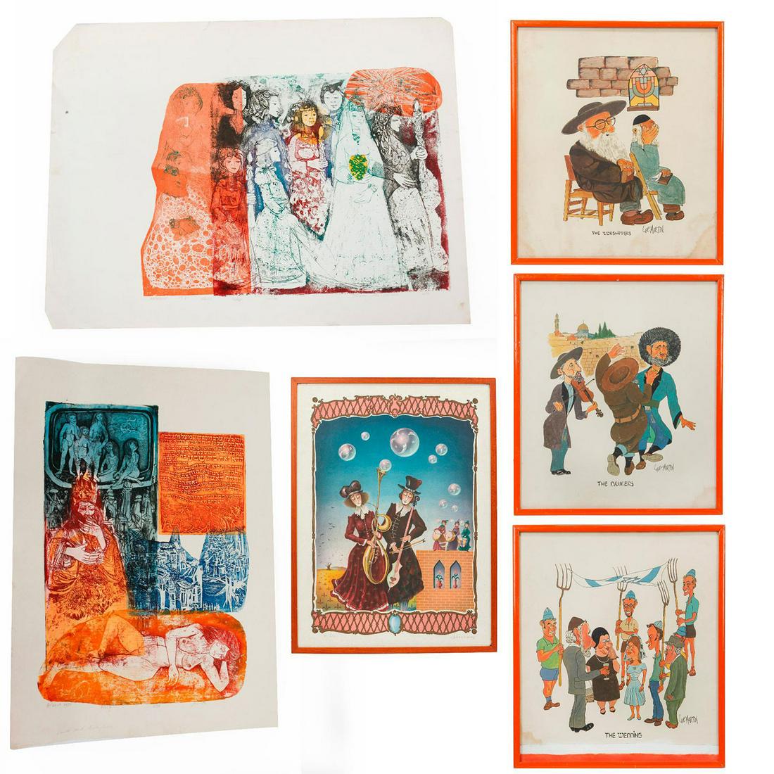 GROUP OF FIVE JUDAICA SIGNED PRINTS: 3 Vintage framed posters by LEE Martin with three others. Incudes David and Bathsheba signed/numbered print 28" X 19", Bridal Procession signed/numbered print 30" X 22", Musicians signed/numbered prin