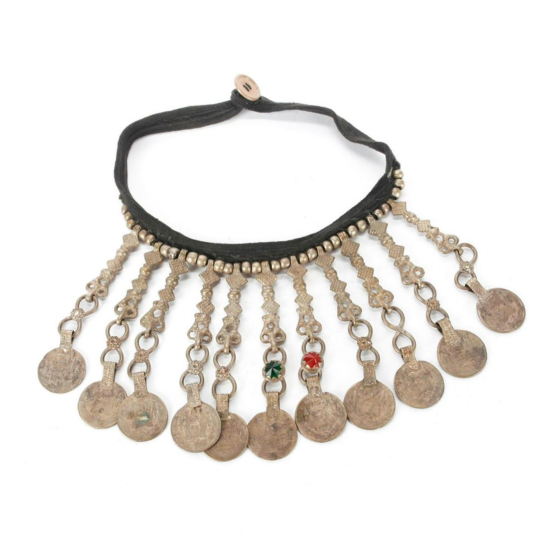 20TH C. KUCHI TRIBAL COLLAR NECKLACE: Fabric band w. metal adornments, coins. Issued: 20th c. Dimensions: 17"C Country of Origin: Afghanistan/Pakistan Provenance: David Farin Collection