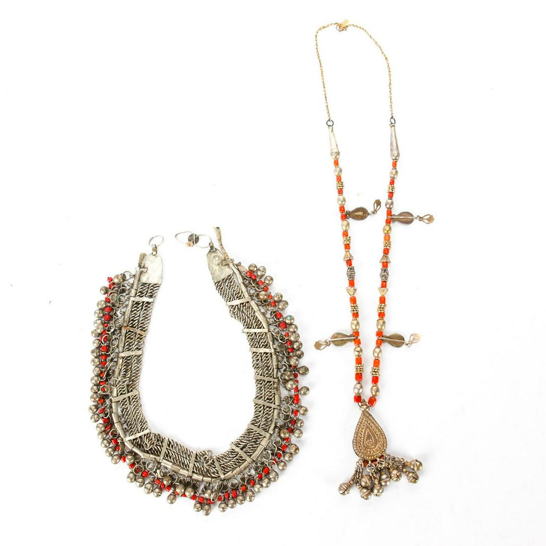 20TH C. TRIBAL RED CORAL AND METAL HEADBAND, NECKLACE: North African/Middle Eastern tribal design. Headband is missing 1 adornment. Issued: 20th c. Dimensions: 19"L, headband Provenance: David Farin Collection