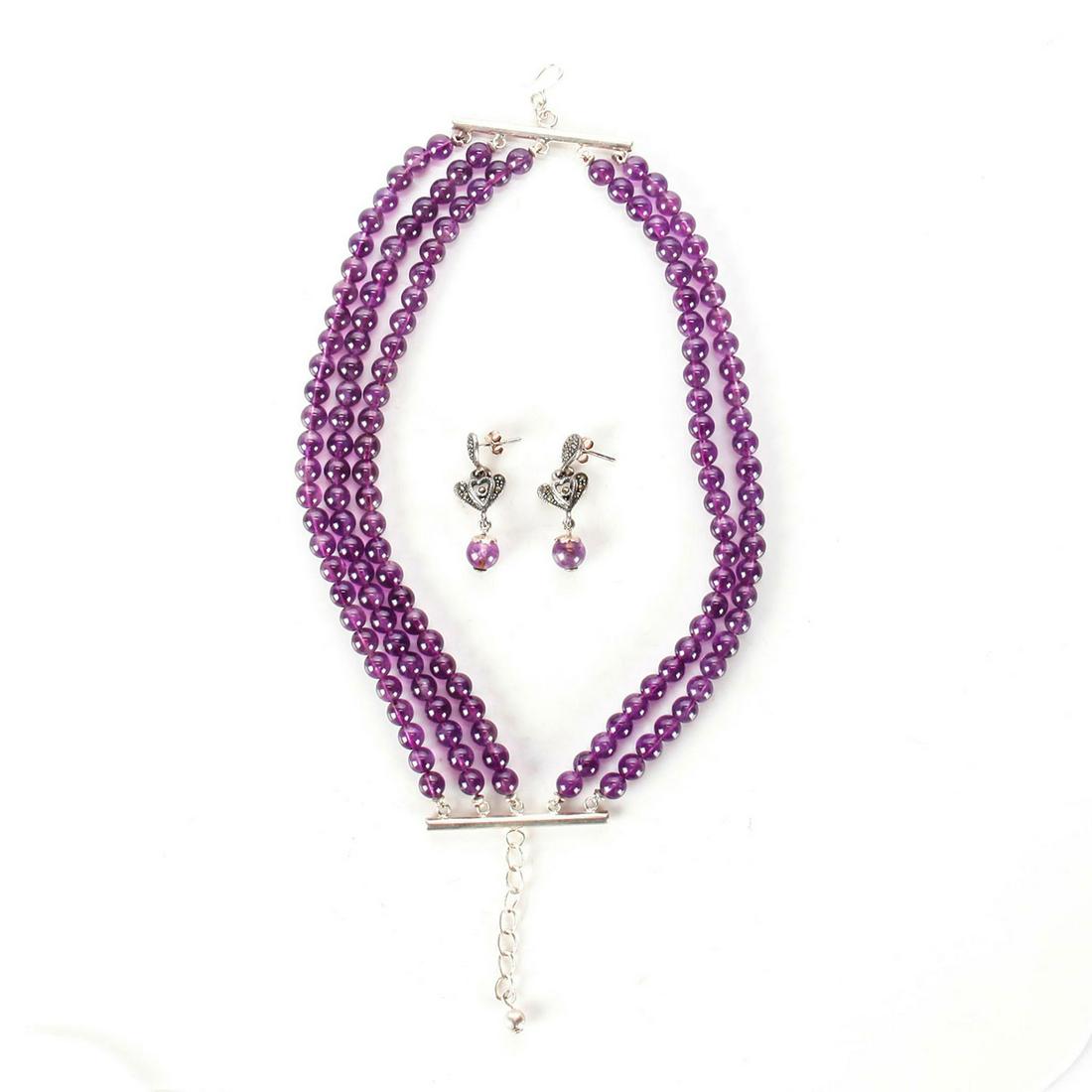 STERLING SILVER AND AMETHYST BEAD BRACELET, EARRINGS: Earrings w. inset marcasite. Each stamped 925. Issued: 20th c. Dimensions: 9.5"C, bracelet Provenance: David Farin Collection