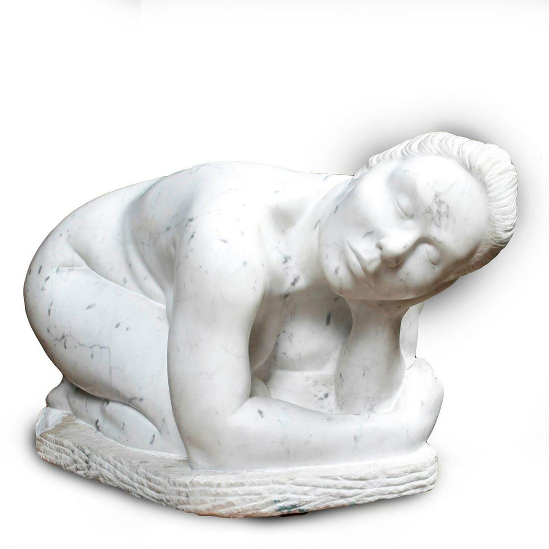 LARGE VINTAGE SCULPTURE, NUDE WOMAN CROUCHING: White stone sculpture features woman crouching; incised signature. Broken base. Issued: 20th c. Dimensions: 14"H x 30"W Provenance: David Farin Collection