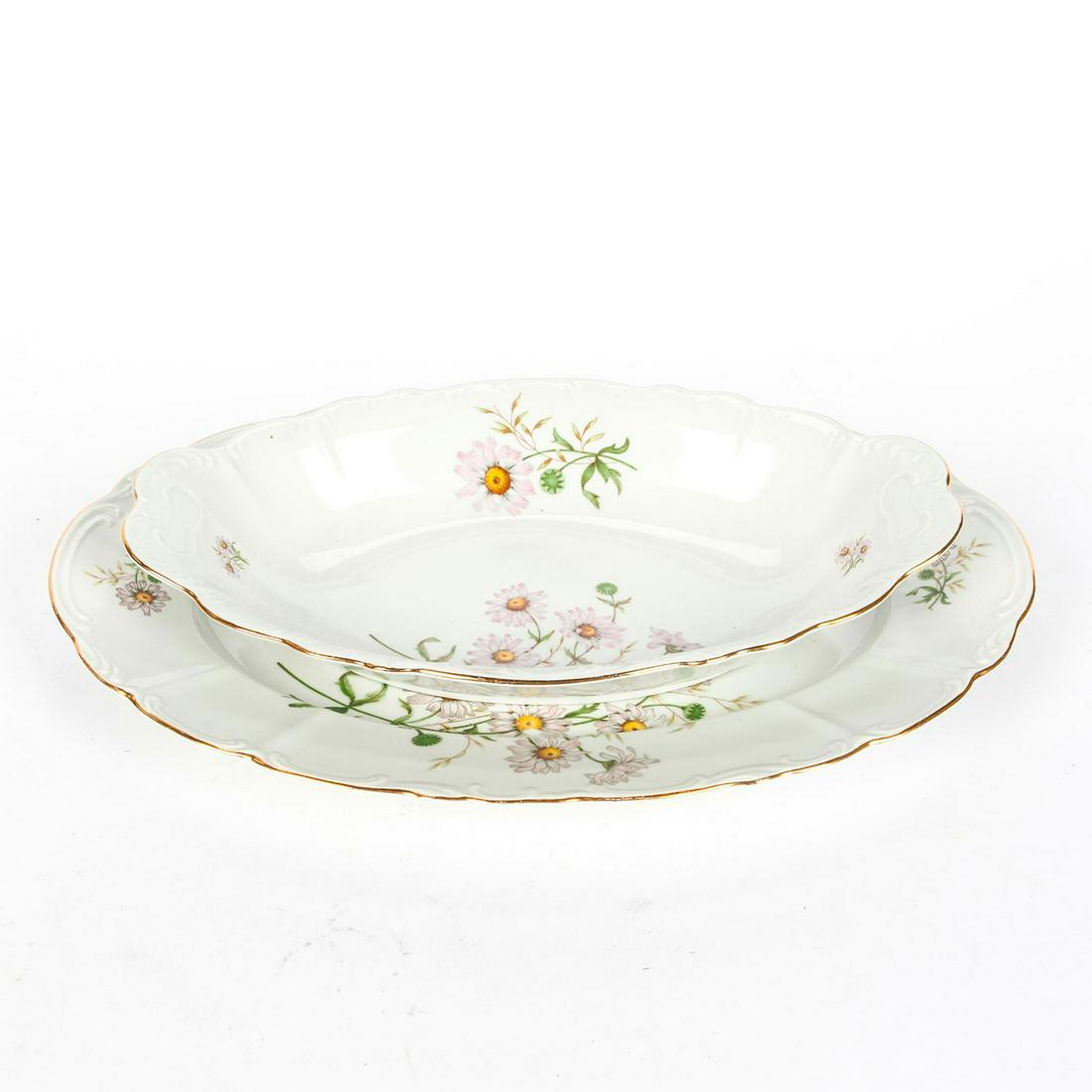 FINE BOHEMIAN CHINA SERVING DISHES: Floral design with gilt edges. Stamped Czechoslovakia to bottom. Issued: 20th c. Dimensions: 15.75"L, longest Country of Origin: Czechoslovakia