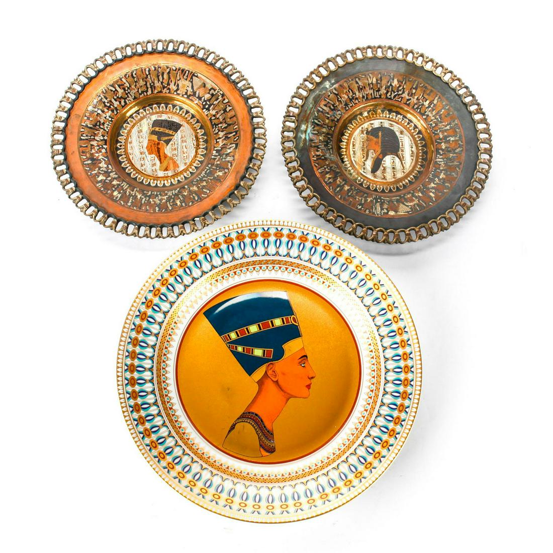 THE COLLECTION OF QUEEN NEFERTITI AND KING TUTANKHAMUN: 1 plate from Kaiser and 2 smaller plates from Egypt. The big one is A Kaiser Limited Edition Nefertiti Plate. The plate was made by Kaiser in Germany. It has been decorated with Egyptian styled decora