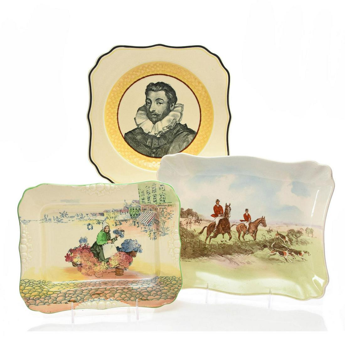 3 ROYAL DOULTON CERAMIC TRAYS: Includes Drake, In the Vale D6326, and Flower Market D4785. Royal Doulton backstamp. Issued: 20th c. Dimensions: 9"L, largest Manufacturer: Royal Doulton Country of Origin: England