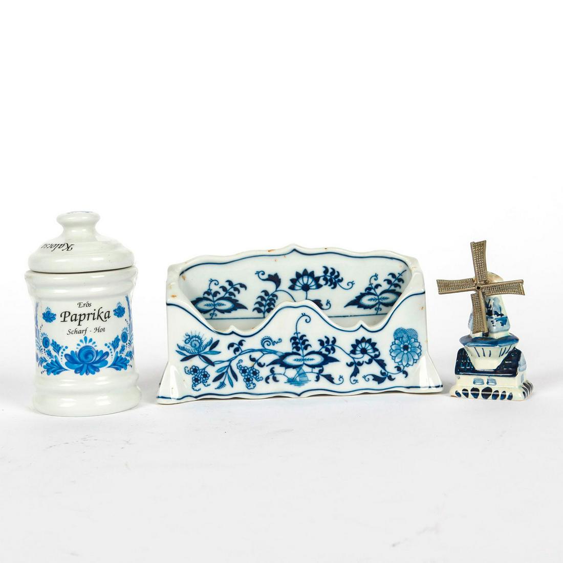 3 DELFT CERAMIC KITCHENWARE COLLECTIBLES: Napkin holder, Hungarian Paprika container, and windmill. Issued: 20th c. Dimensions: 7"L