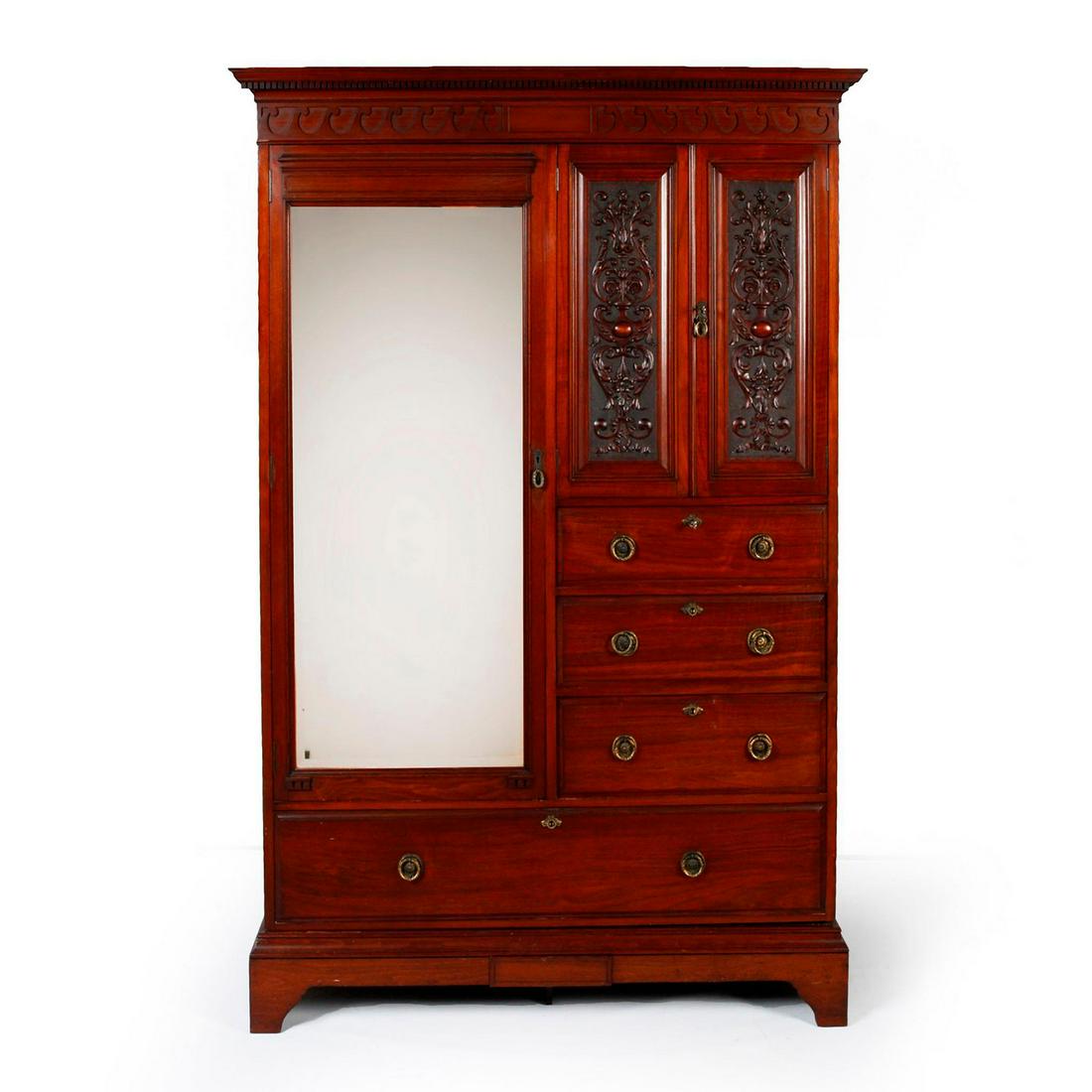 ANTIQUE FRENCH ART DECO HOTEL MIRROR WARDROBE: Excellent workmanship, dovetail jointing. 7 drawers, 4 sections. Early 20th century. Separate wooden base section. Issued: c. 1920 Dimensions: 73"H x 57"W Country of Origin: France