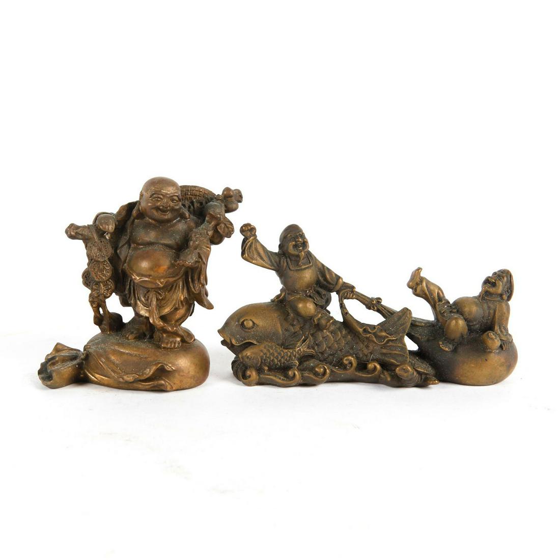 2 BRONZE CHINESE ALLEGORICAL FIGURINES, BUDAI & FISH (1 of 3)