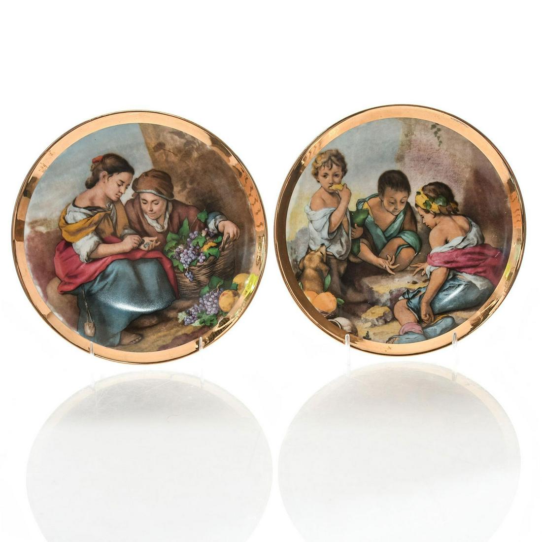 2 BAVARIAN WHITE PORCELAIN PLATES, NEOCLASSICAL MOTIFS: Central images of children, women. Gilding. BAVARIA backstamps. Issued: c. 1915 Dimensions: 7.5"D Country of Origin: Bavaria Provenance: David Farin Collection