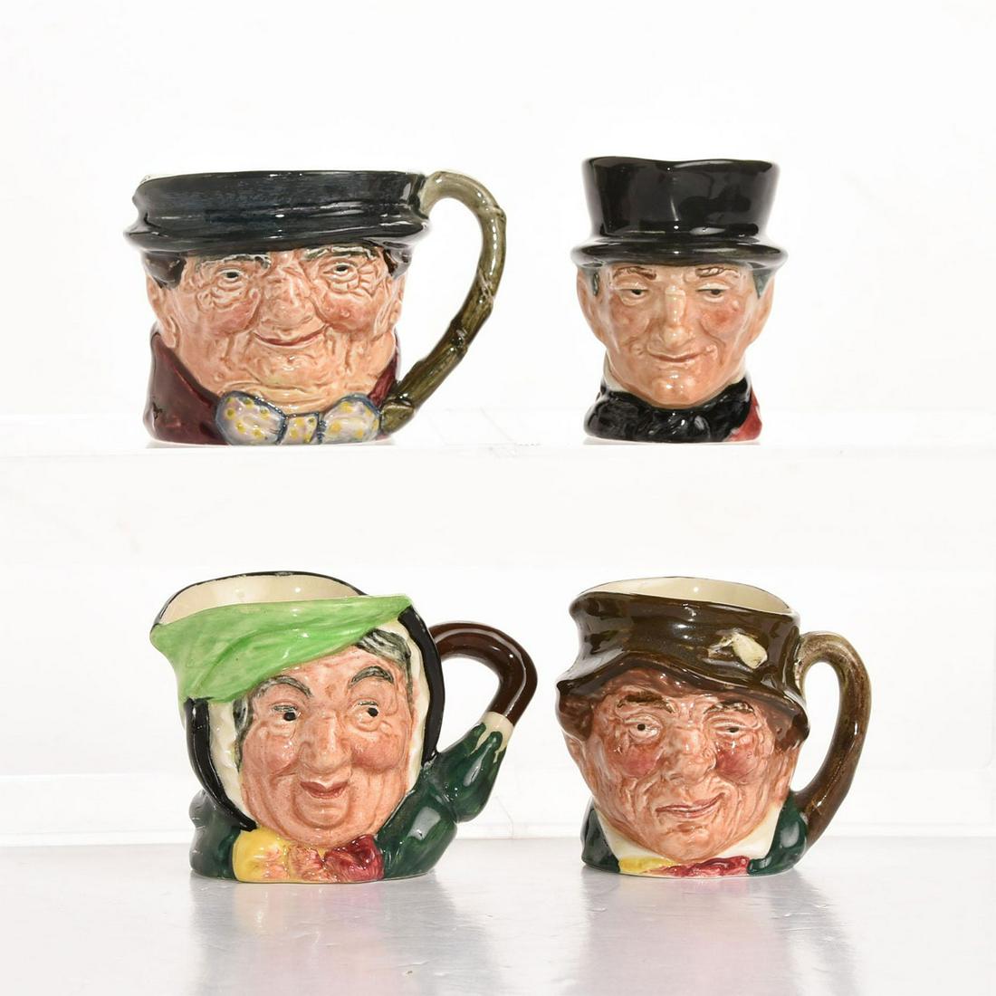 4 ROYAL DOULTON MINIATURE CHARACTER JUGS: Sairey Gamp, John Peel, Paddy, Tony Weller. Artist: Leslie Harradine, Henry Fenton Issued: 20th c. Dimensions: 2.25"H, tallest Manufacturer: Royal Doulton Country of Origin: England