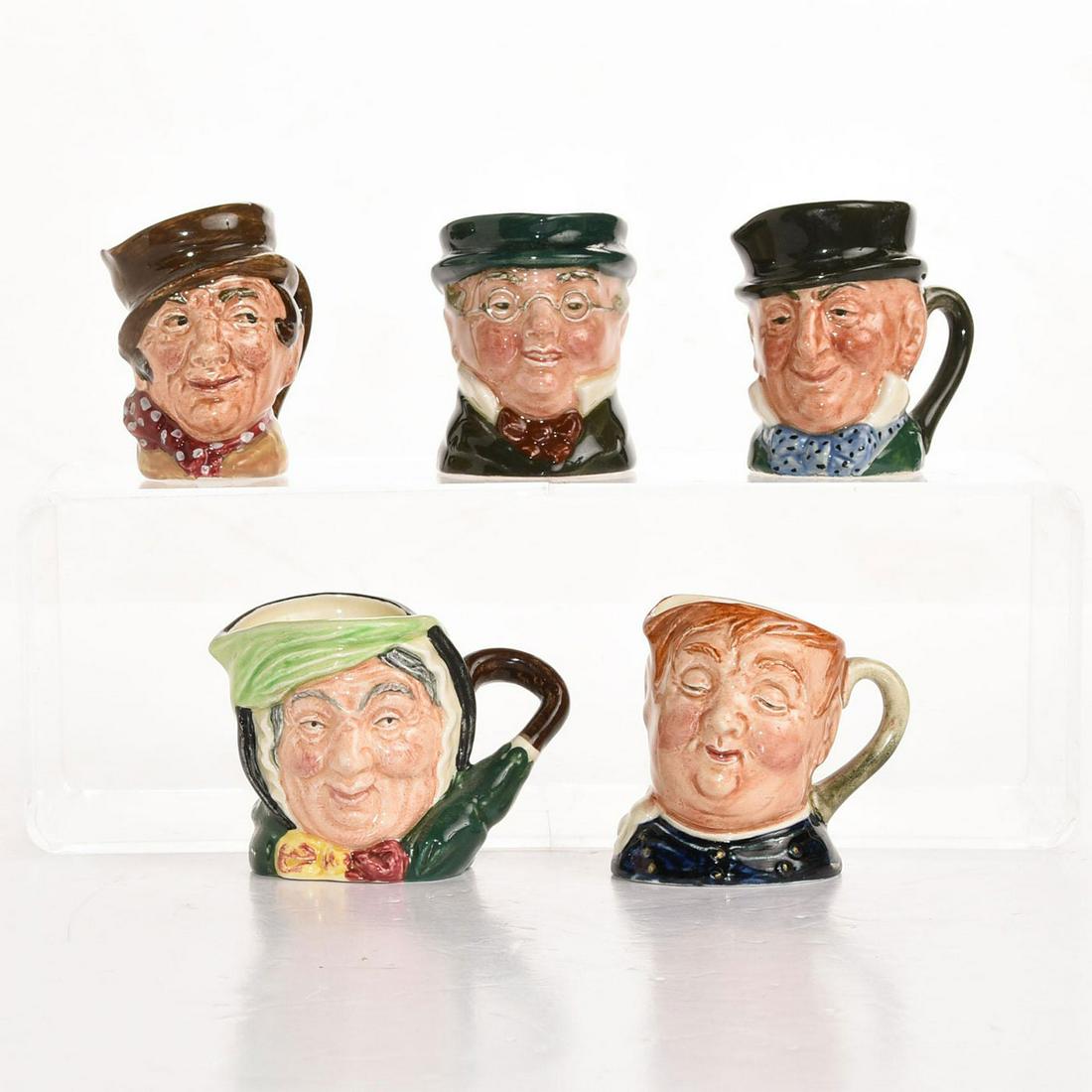 5 ROYAL DOULTON MINIATURE JUGS, DICKENS SERIES: Mr. Pickwick, Mr. Micawber, Sairey Gamp, Tony Weller, Fat Boy. Artist: Leslie Harradine, Harry Fenton, Issued: 20th c. Dimensions: 2.25"H, tallest Manufacturer: Royal Doulton Country of Origin: Englan