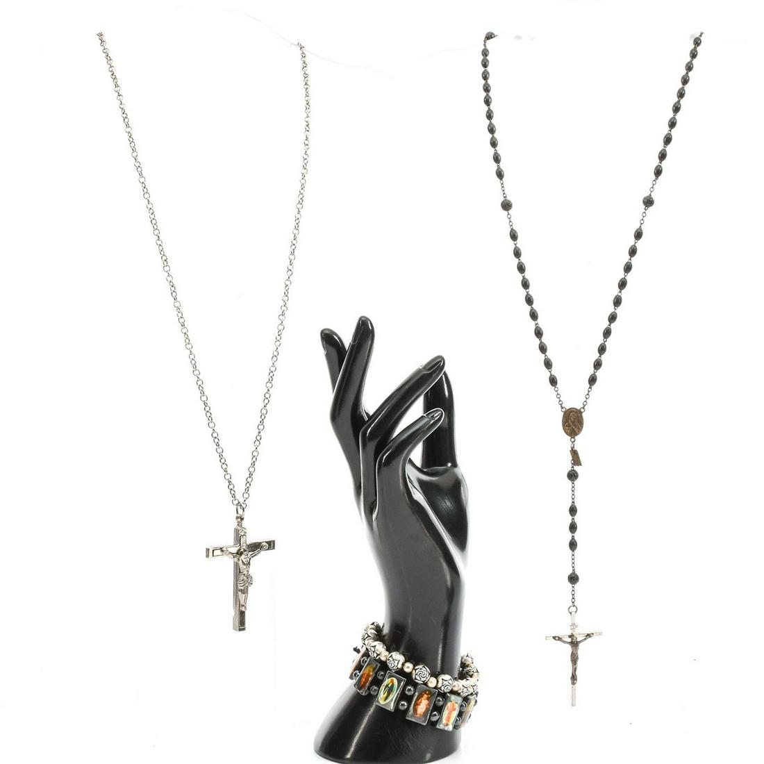 CATHOLIC ROSARY BEADS WITH BRACELETS: Crucifixes with bracelets of saints. Total weight 107g. Necklace sizes 22", 24", bracelet sizes 7". Issued: 20th c. Dimensions: Total weight 107g. Provenance: David Farin Collection
