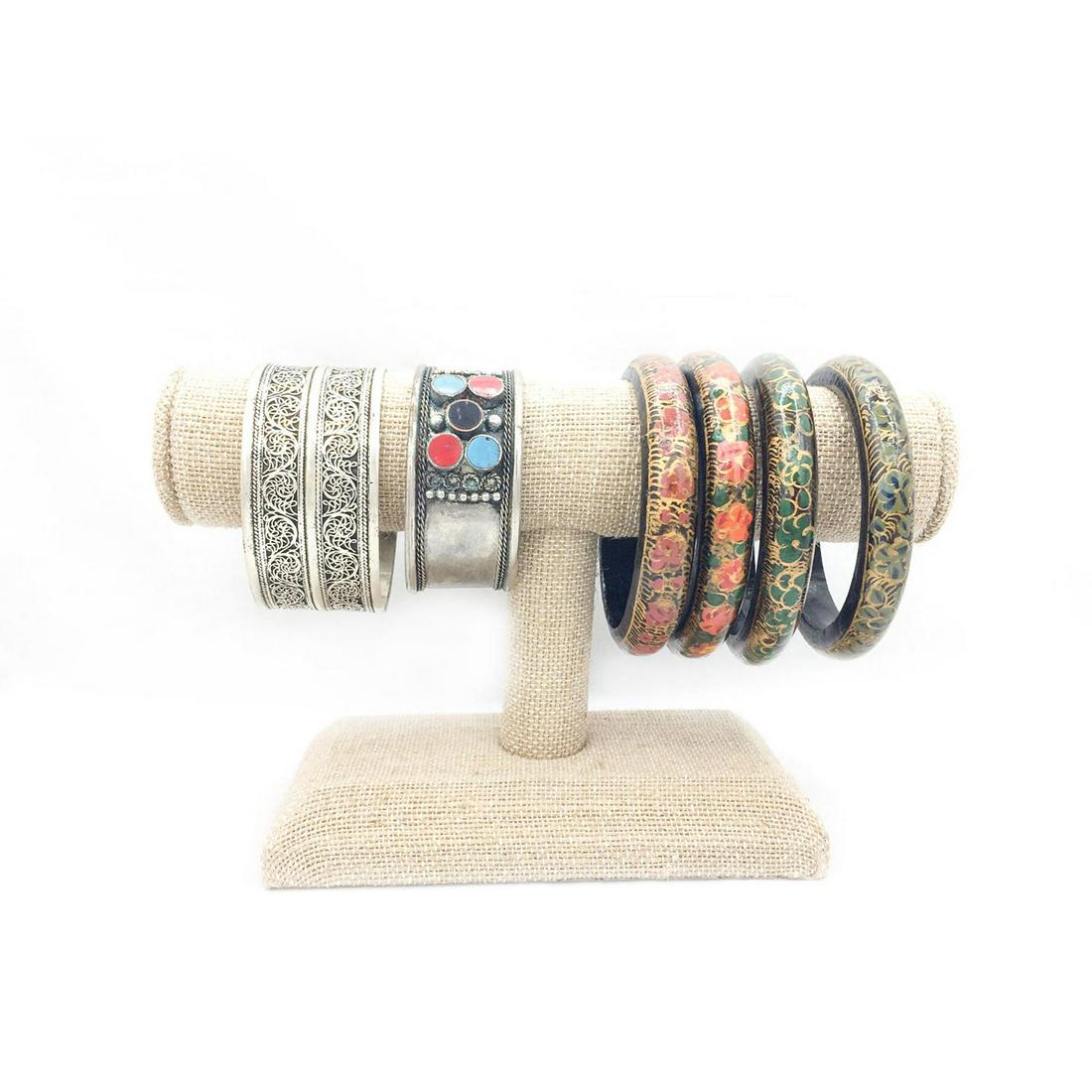 6 VINTAGE INDIAN BRACELETS, SILVER TONE AND WOOD (1 of 2)