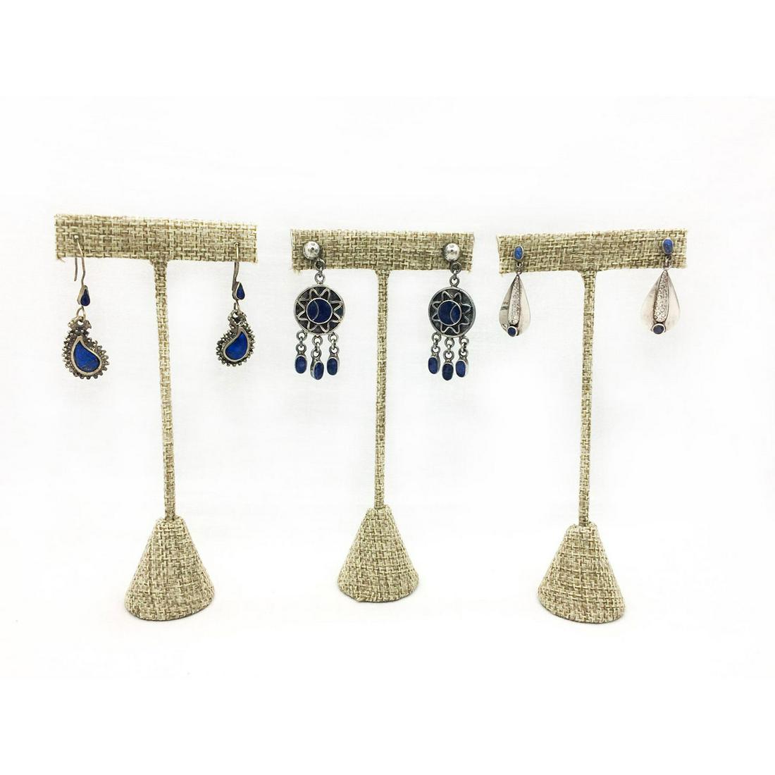 3 PAIRS SILVER EARRINGS WITH LAPIS LAZULI COLOR STONES (1 of 5)