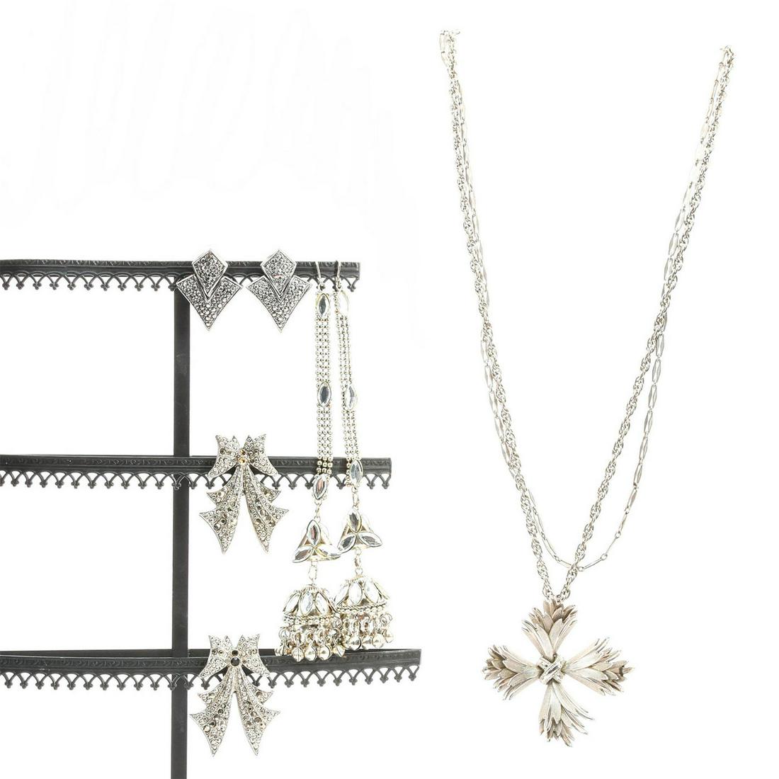 BLOOMING FLOWER MARCASITE MATCHING JEWELRY SET: 1 necklace, and 3 earrings. Total weight 122g. Necklace size 22". Issued: 20th c. Dimensions: Total weight 122g. Provenance: David Farin Collection