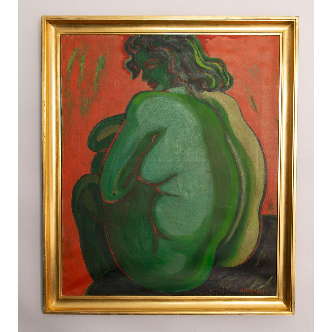 OIL ON CANVAS, JAPANESE ART DECO, WOMAN IN CHILDS POSE (1 of 3)