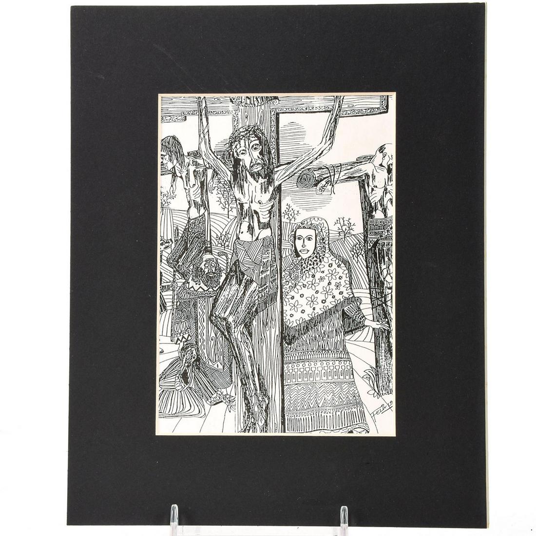 DRAWING OF THE CRUCIFIXION OF CHRIST: Black and white drawing of the crucifixion of Christ. On matte board. Signed Felix. Issued: 20th c. Dimensions: 10"L x 8"W Provenance: David Farin Collection