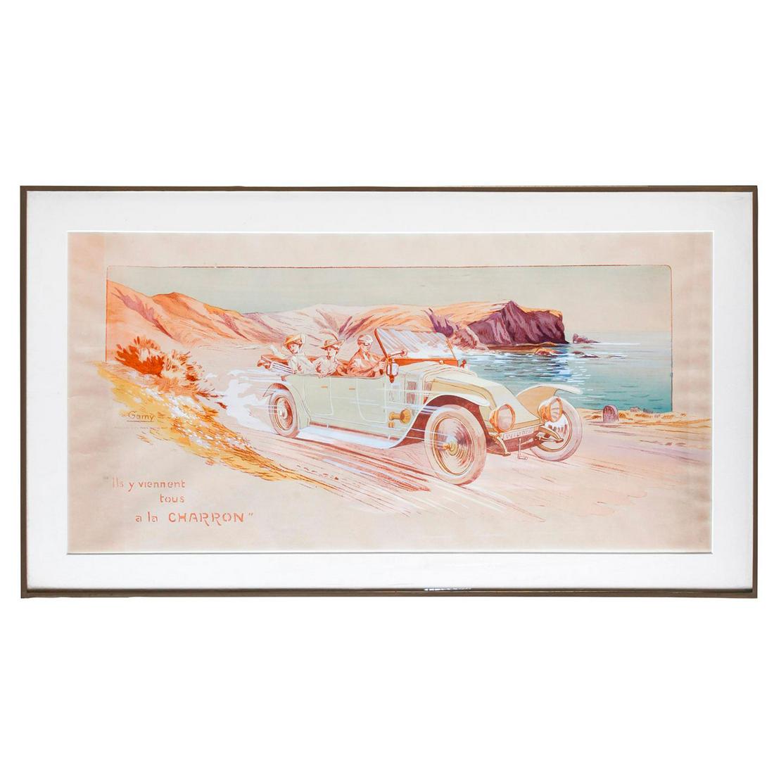 HAND COLORED FRENCH LITHOGRAPH, CHARRON AUTOMOBILE (1 of 2)