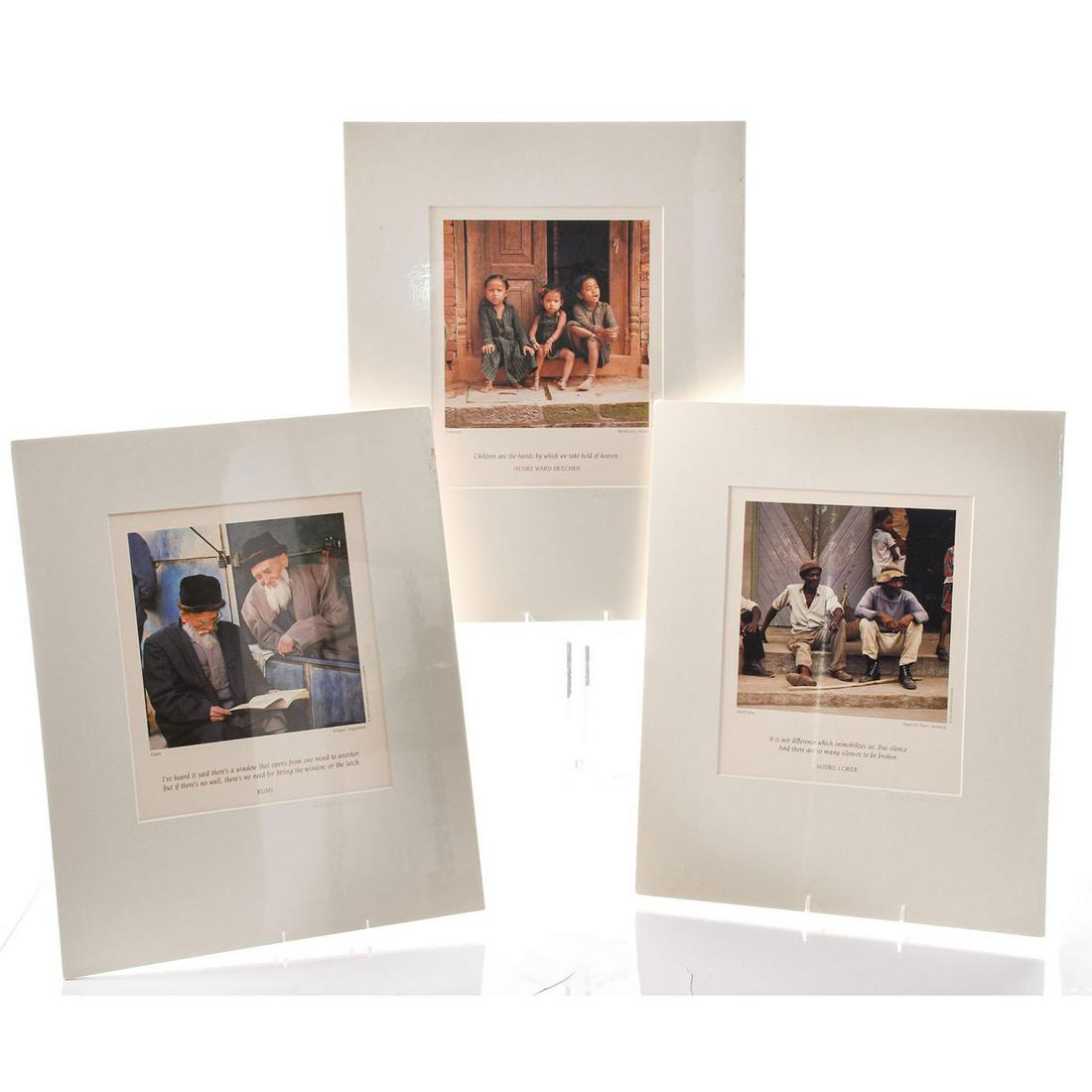 3 EMERSON MATABELE PHOTOGRAPHY PRINTS, QUOTED ART: Each with inspirational quotes. White mate. Artist signed. Titled TRIMOORTHI NEPAL, GENTLE MEN JAMAICA and THE TRUTH WISDOM COLLECTION. Artist: Emerson Matabele Issued: 20th c. Dimensions: 20"H x 16"W