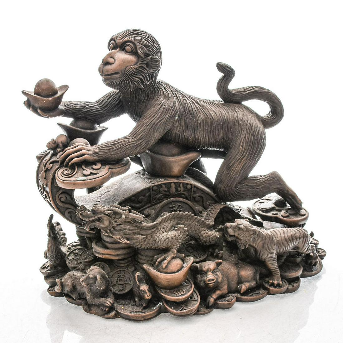 CHINESE BRONZE SCULPTURE, ZODIAC ANIMALS ON COIN PILE (1 of 5)