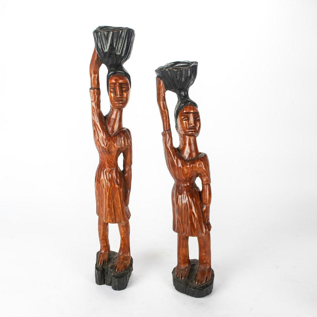 PAIR, HAND CARVED AFRICAN FEMALE FIGURAL SCULPTURES (1 of 3)