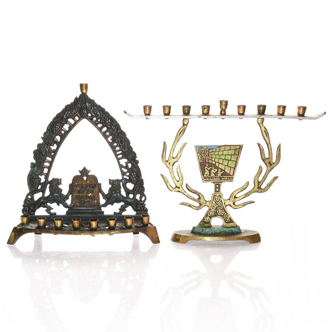 PAIR, 20TH CENTURY ISRAELI BRONZE MENORAHS: With patina, each stamped made in Israel. Issued: 20th c. Dimensions: 8"H, tallest Country of Origin: Israel Provenance: David Farin Collection