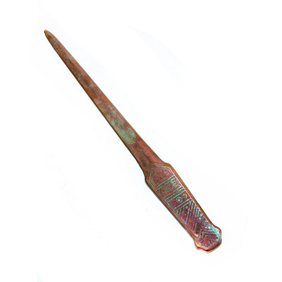 TIFFANY STUDIOS BRONZE LETTER OPENER: Native American pattern w/ patina. Stamped Tiffany Studios. Issued: Early 20th c. Dimensions: 10"L Manufacturer: Tiffany Studios Country of Origin: United States