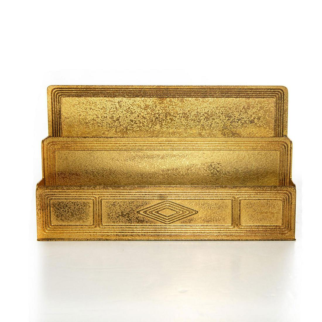 TIFFANY STUDIOS GILT BRONZE LETTER HOLDER: Art deco design. Stamped Tiffany Studios 1803 to bottom. Issued: Early 20th c. Dimensions: 9.5"L x 4"H x 2.75"D Manufacturer: Tiffany Studios Country of Origin: United States