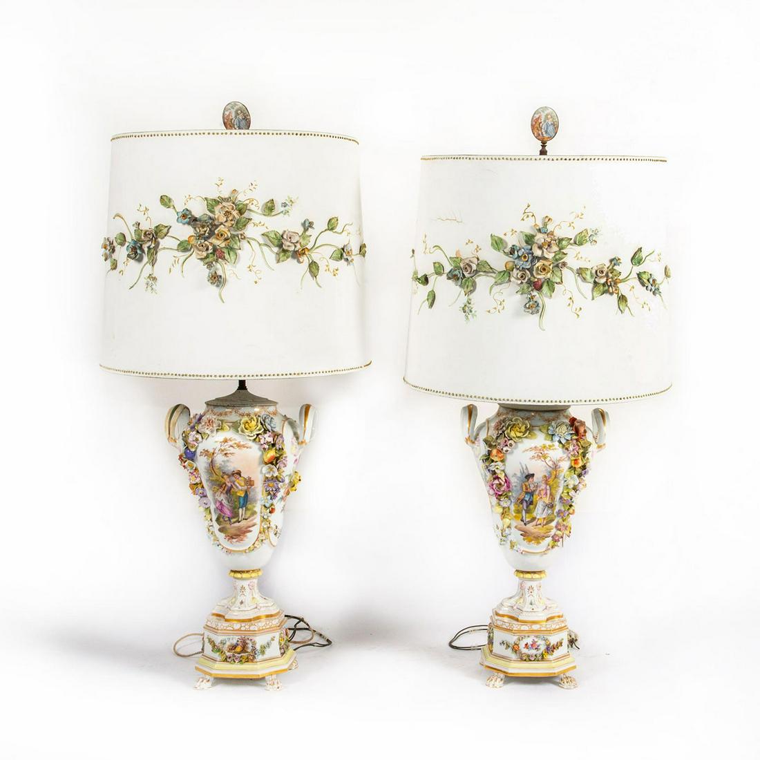 2 PORCELAIN LARGE APPLIED FLORAL LAMPS WITH SHADES (1 of 7)