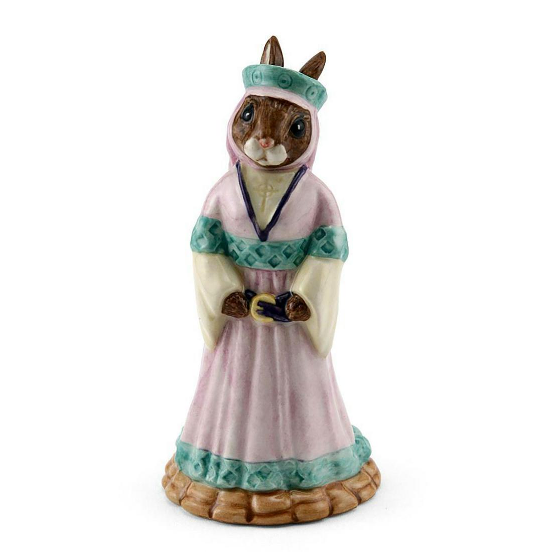 MAID MARION GE DB245 - ROYAL DOULTON BUNNYKINS: The Robin Hood Collection, Gold edition. Includes original box. Accented in gold gilt. Includes original box. Bunnykins backstamp. Artist: M. Alcock Issued: 2001 - 2003 Dimensions: 4.25"H Manufacturer