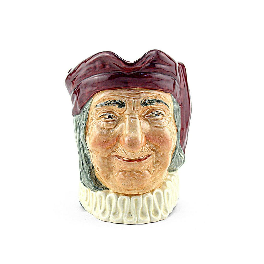 SIMON THE CELLARER D5504 - LARGE - ROYAL DOULTON: Simon the Cellarer D5504 (maroon hat, white ruff). Designed by Charles Noke and Harry Fenton, issued 1935 - 1960. Size: 6.5"H (Large)Simon was the subject of a 19th century English folksong. The keys 