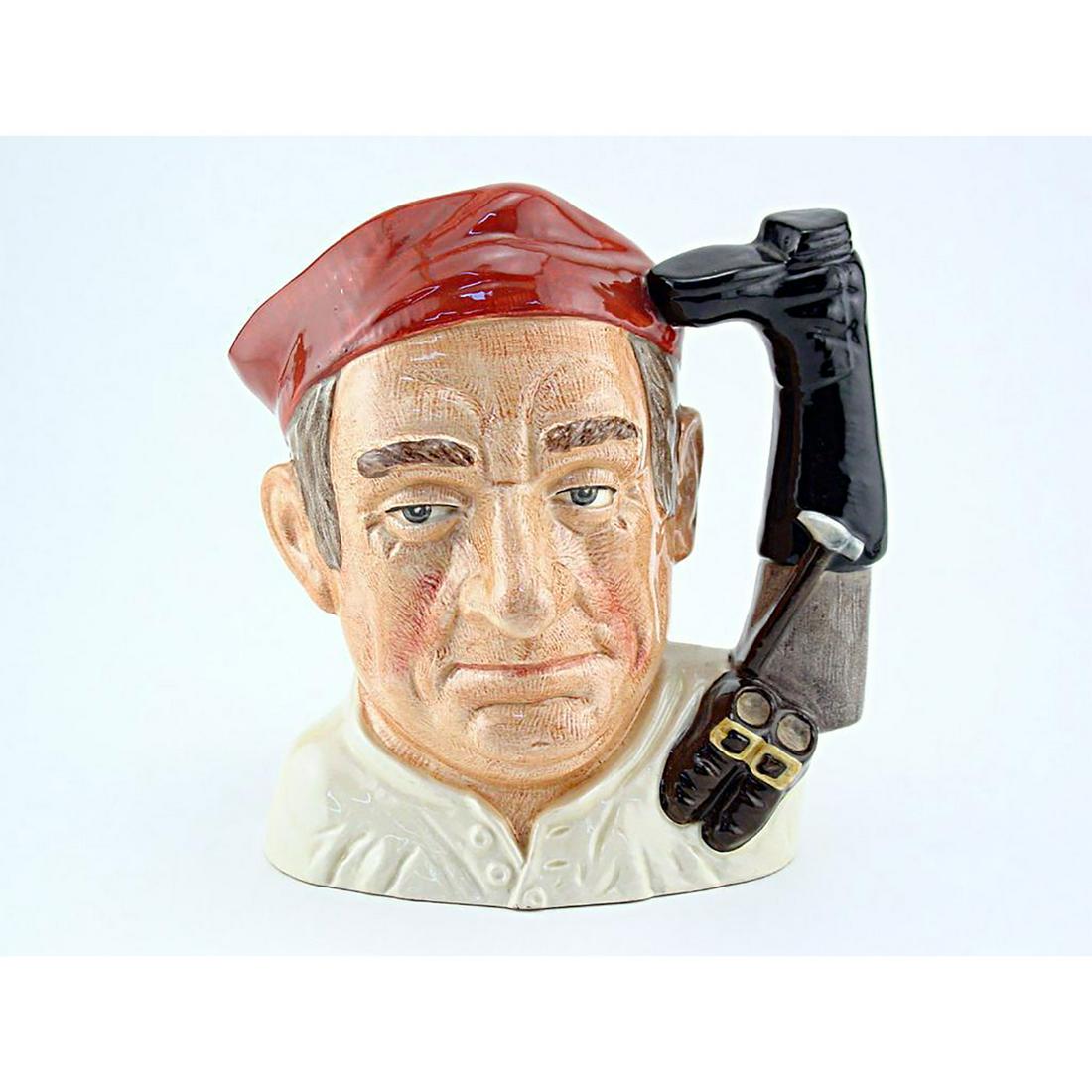 BOOTMAKER D6579 - SMALL - ROYAL DOULTON CHARACTER JUG: Bootmaker D6579 (salmon cap; white shirt). Designed by David B. Biggs. Series: Characters From Williamsburg, issued 1963 - 1983. Size: 4"H (small) Manufacturer: Royal Doulton Country of Origin: Englan