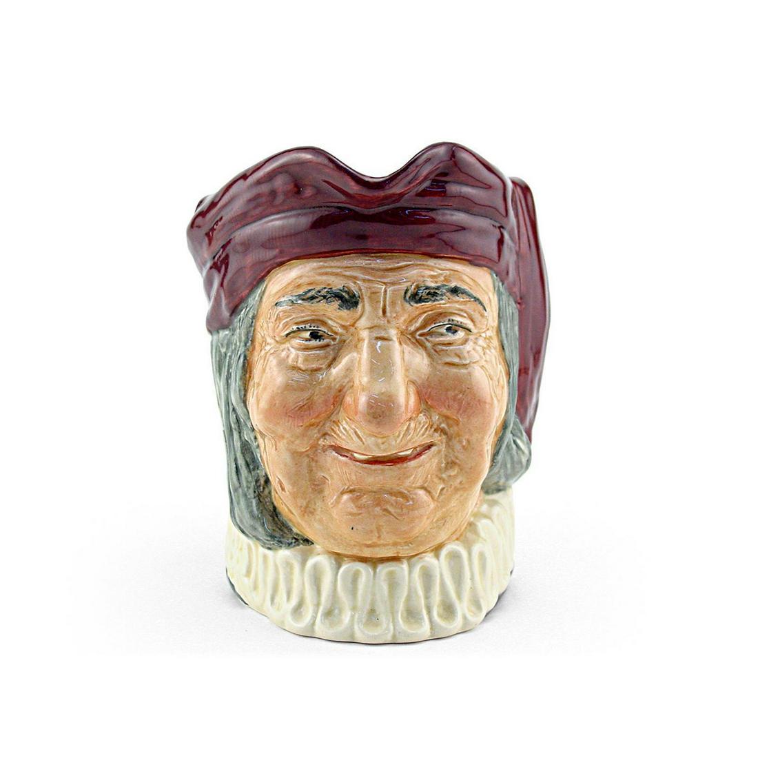 SIMON THE CELLARER D5616 - SMALL - ROYAL DOULTON: Simon the Cellarer D5616 (maroon hat; white ruff). Designed by Charles Noke and Harry Fenton, issued 1936 - 1960. Size: 3.5"H (small) Simon was the subject of a 19th century English folksong. The keys