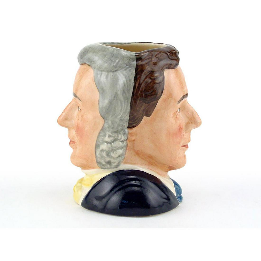 SIR HENRY / MICHAEL DOULTON D6921 - SMALL - ROYAL: Royal Doulton Character Jug, Sir Henry & Michael Doulton D6921 (Henry- Grey hair; yellow cravat; Michael- Brown hair; dark blue suit; white shirt; light blue tie). Designed by William K. Harper, issue
