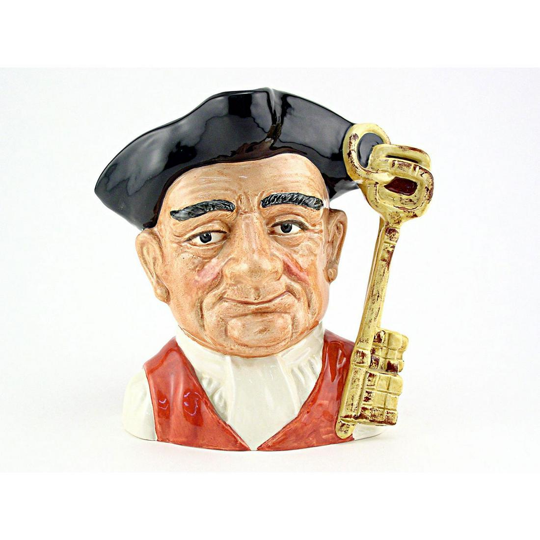 GAOLER D6584 - MINI - ROYAL DOULTON CHARACTER JUG: Royal Doulton Character Jug, Gaoler D6584 (black tricorn; white shirt; red vest). Designed by David B. Biggs. Series: Characters from Williamsburg, issued 1963 - 1983. Size: 2.75"H (mini) Manufacturer