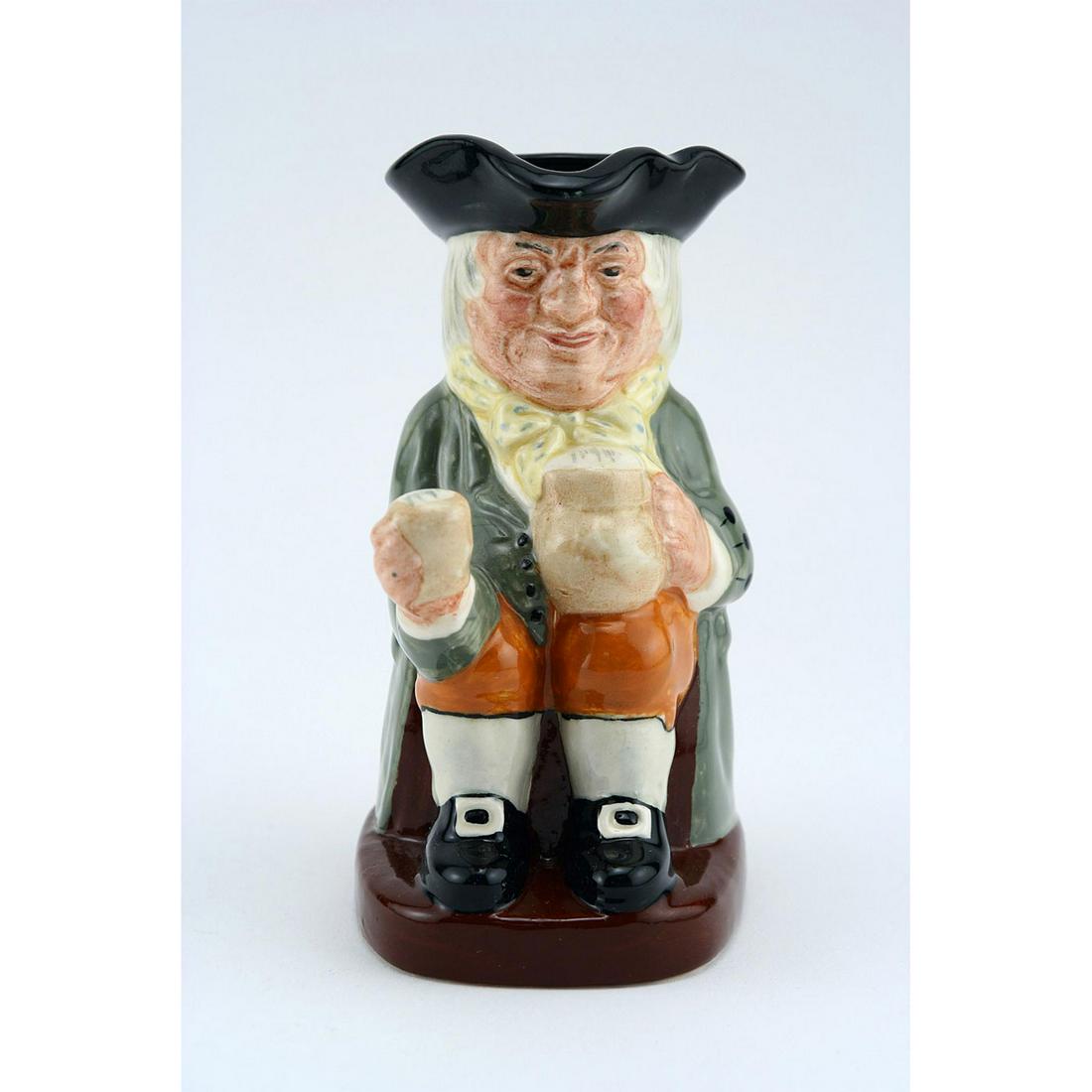 HAPPY JOHN D6070 SMALL - ROYAL DOULTON TOBY JUG: Royal Doulton Toby Jug, Happy John Small D6070 (black hat; light green coat; yellow scarf with blue polka dots; orange breeches). Designed by Harry Fenton, issued 1939 -1991. Size: 5.25''H (small) Som