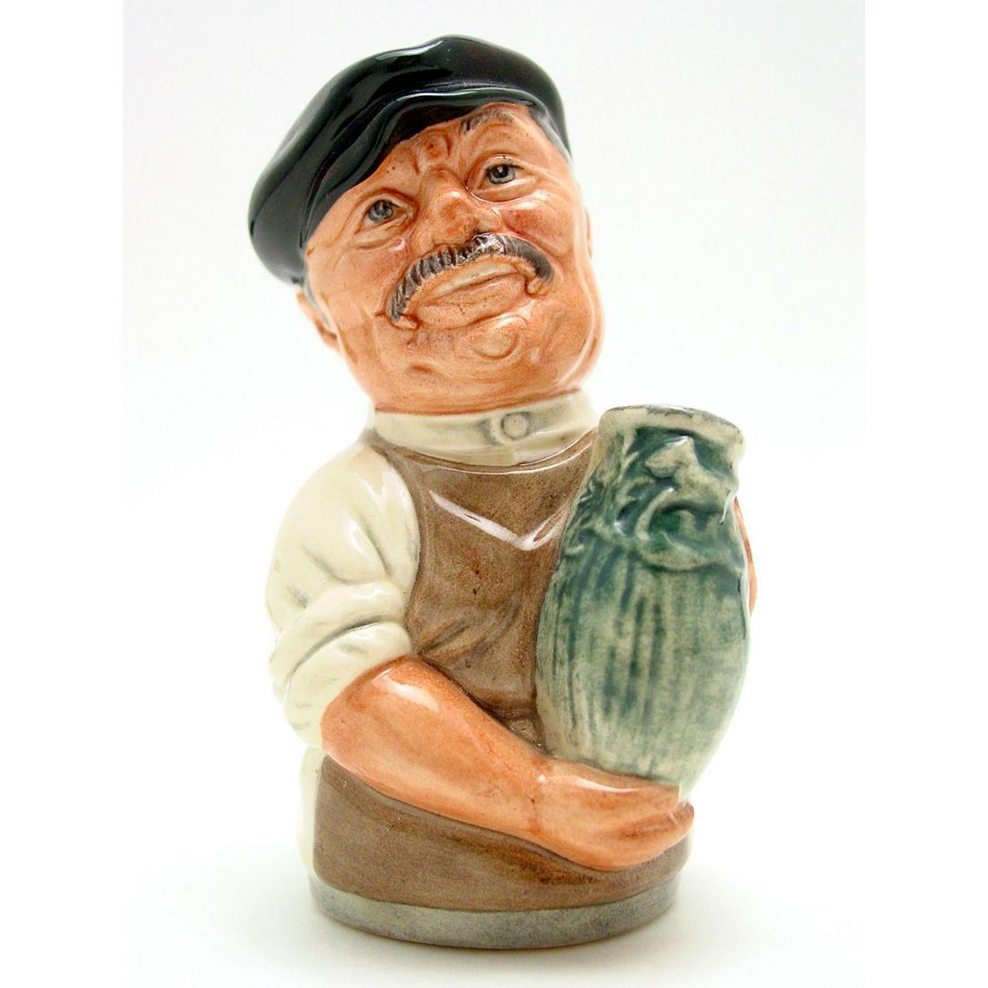 ALBERT SAGGER D6745 - ROYAL DOULTON TOBY JUG: Royal Doulton Toby Jug, Albert Sagger D6745 (brown apron; white shirt; dark green cap; light green vase). Designed by William K. Harper. Series: The Doultonville Collection; RDICC, issued 1986 - 1986.