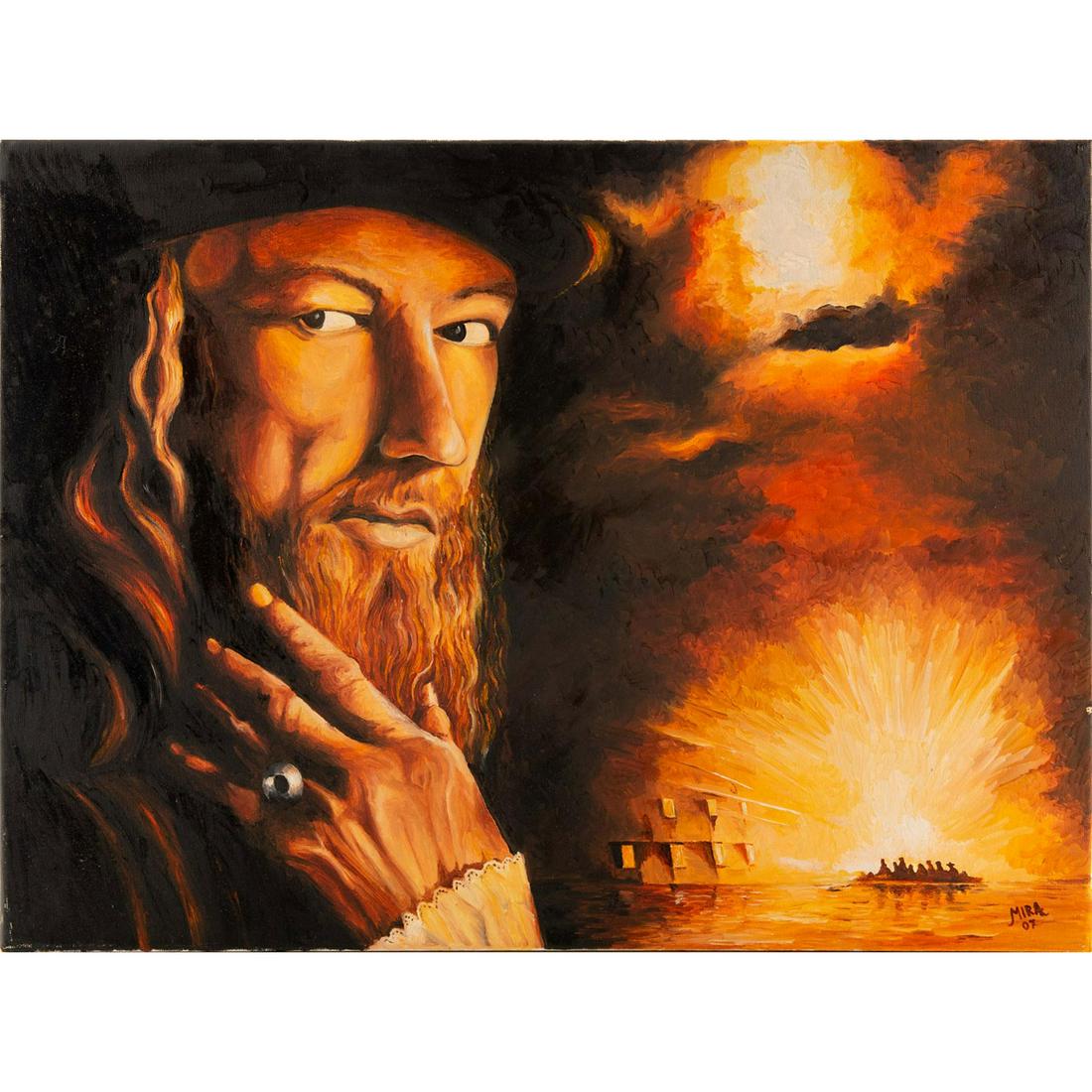 INSPIRED CAPTAIN BARBOSSA PIRATES OF CARIBBEAN PAINTING: Painting of explorer, possibly Francisco Pizarro or Hernan Cortes. This painting is inspired by the front cover of the first film in the series, The Curse of the Black Pearl. Captain Hector Barbossa i