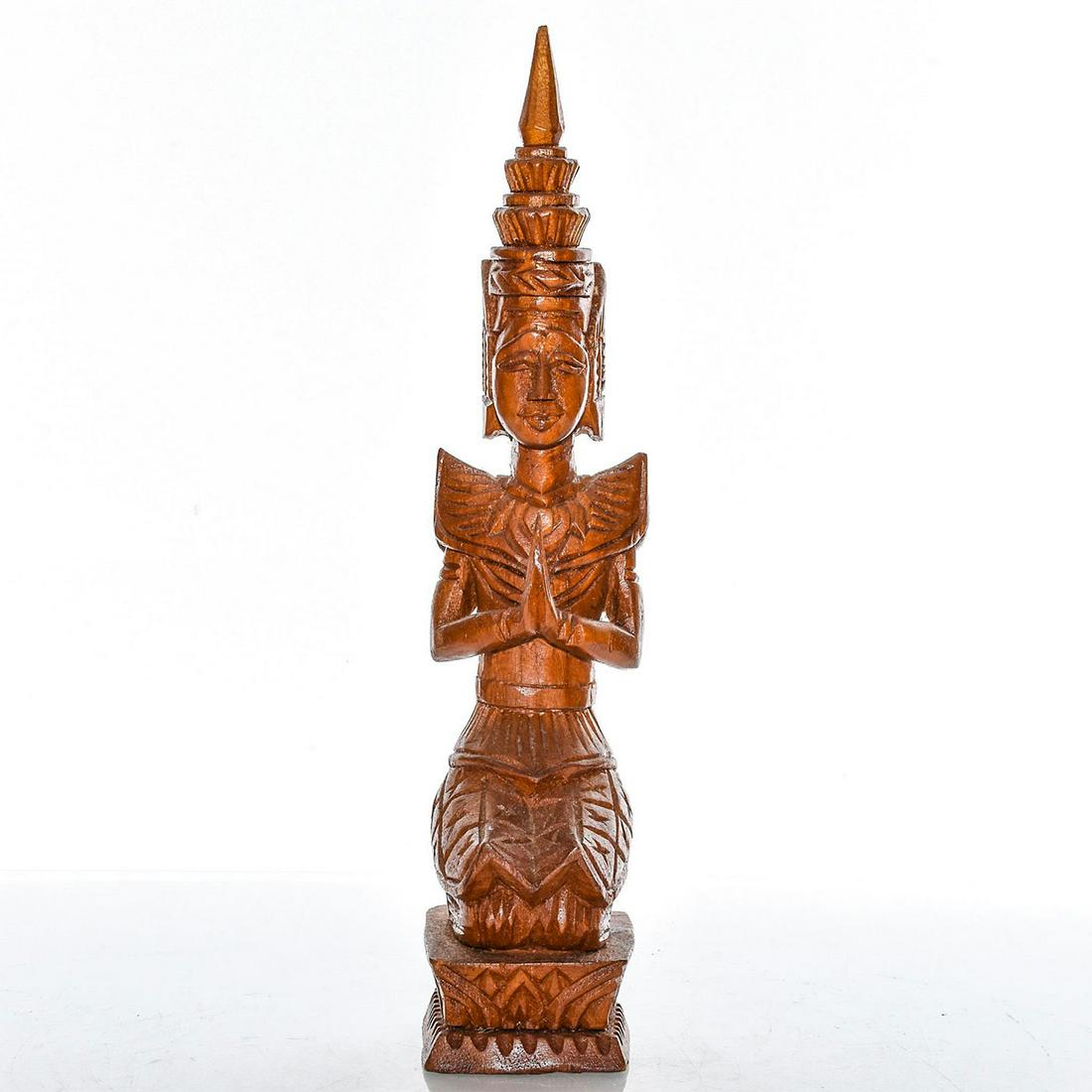 HINDU EASTERN ALLEGORICAL WOODEN APSARA STATUE: Hand made, decorated. Modeled as Far Eastern mythological spirit. Issued: c. 1980 Dimensions: 12.5"H x 2.75"W Country of Origin: Indonesia Provenance: David Farin Collection