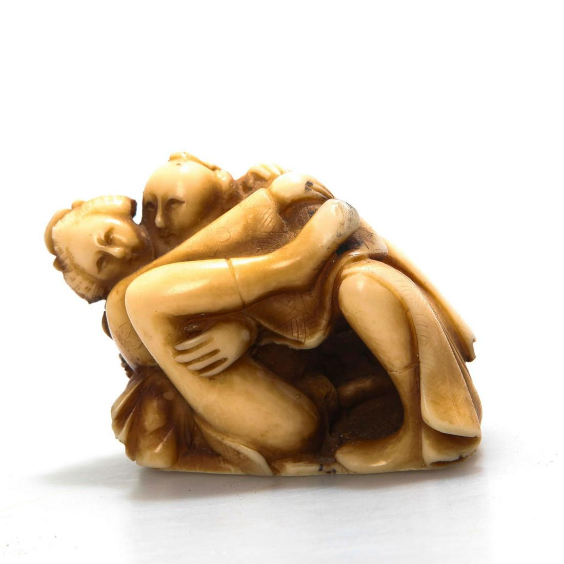 VINTAGE JAPANESE HAND CARVED RESIN EROTICA STATUE: Highly detailed Shunga Netsuke figural group. Rich patina. #AsianSculpture #Erotica #Shunga #Netsuke Issued: c. 1950 Dimensions: 2"H x 2.75"L Country of Origin: Japan