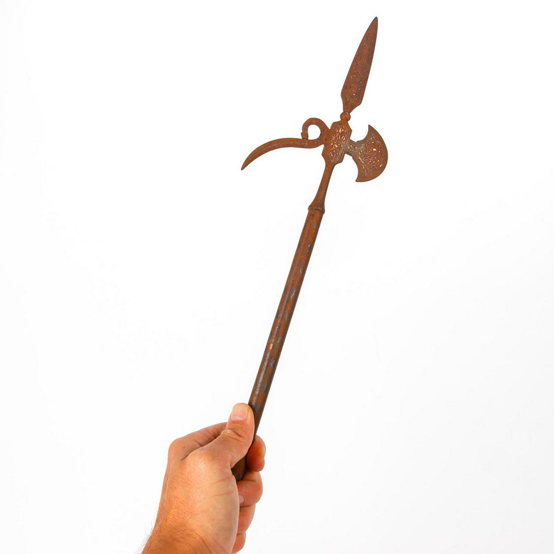 VINTAGE DECORATIVE MODEL PIKE SPEAR POLEAX POLEARM: Rich patina over incised decoration of flora, stylized designs. Dimensions: 18.5"L x 4.75"W Country of Origin: England
