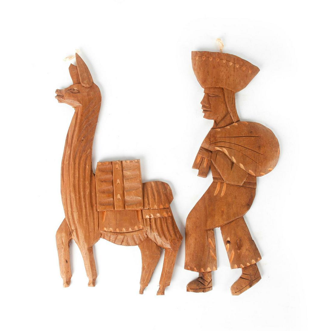 PAIR OF HAND CARVED WOODEN WALL FIGURES, MAN AND LLAMA (1 of 3)