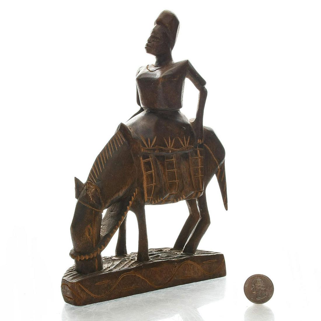 VINTAGE AFRICAN WOODEN FIGURE, WOMAN ON DONKEY (1 of 3)