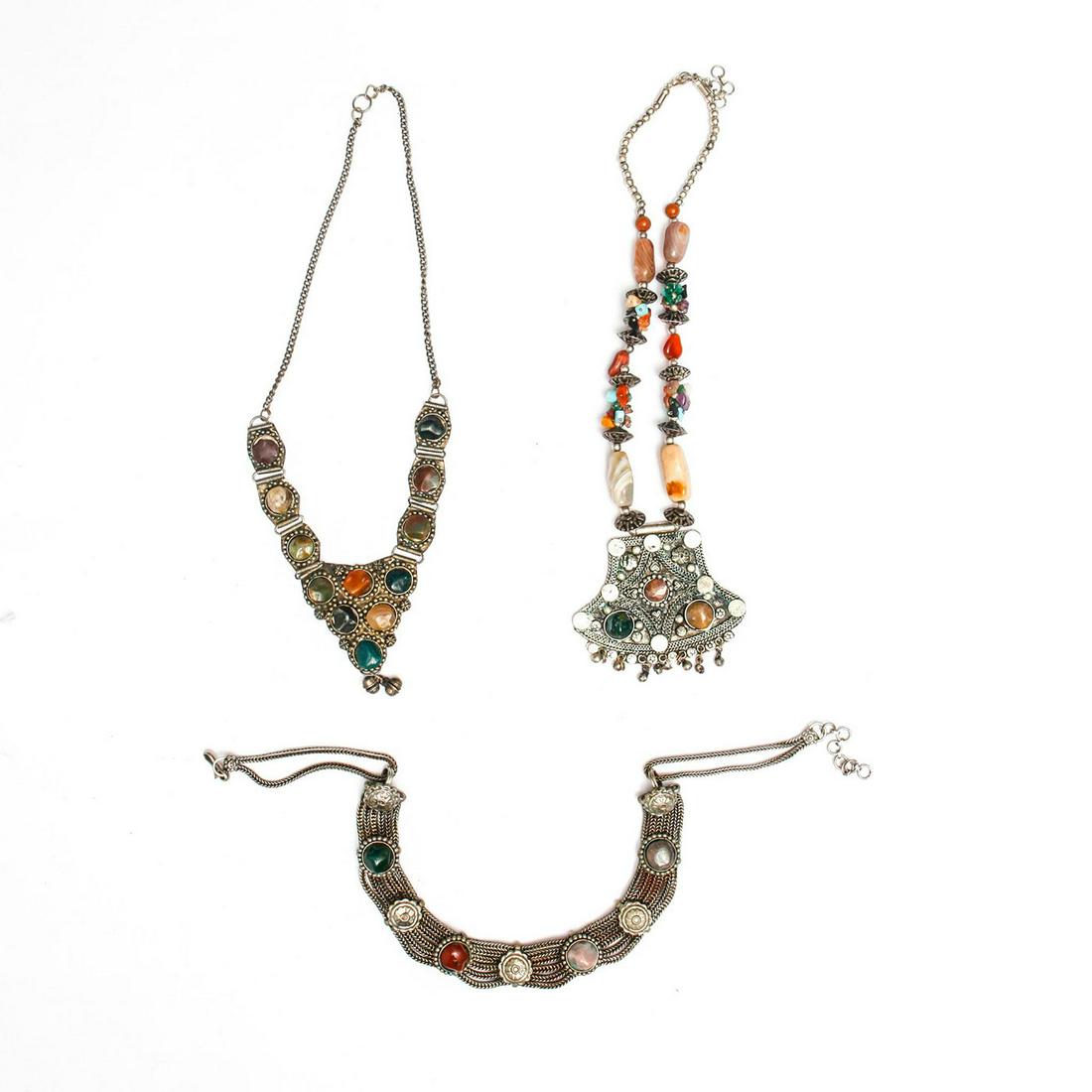 3 20TH C. ETHNIC INDIAN STONE INSET METAL NECKLACES (1 of 3)