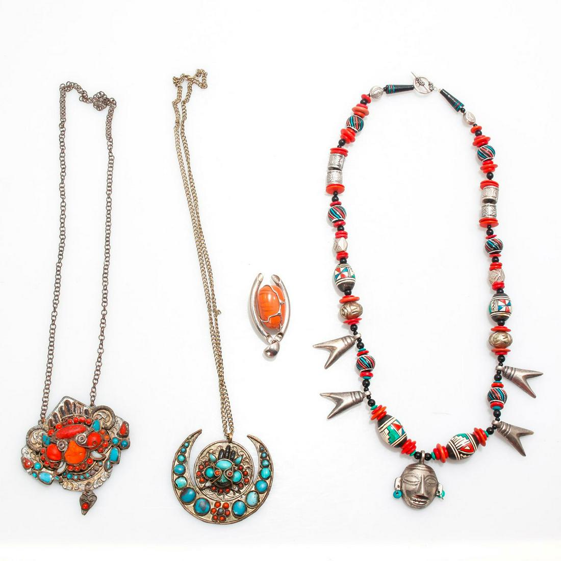 3 PRE COLUMBIAN STYLE NECKLACES, 1 SILVER PLATED (1 of 4)